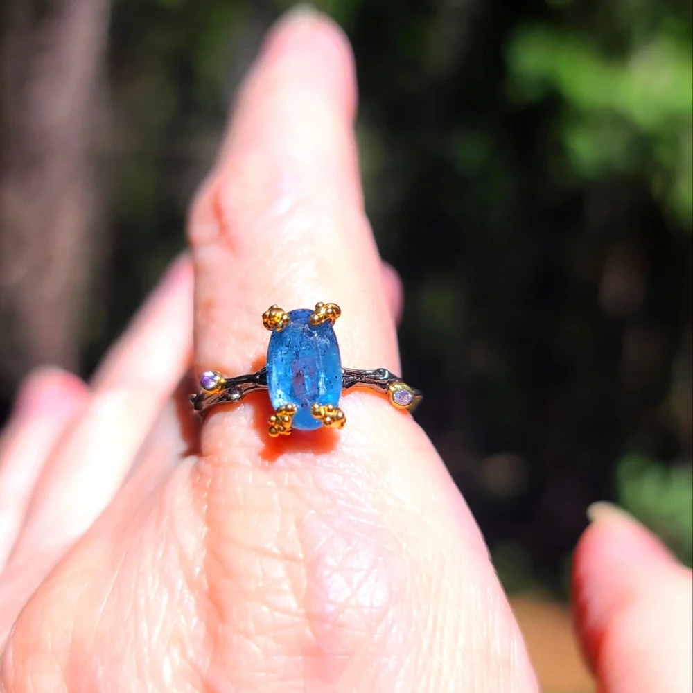Kyanite & Amethyst elongated cushion cut STUNNING wreath sterling &gold ring sz9 - Picture 1 of 10